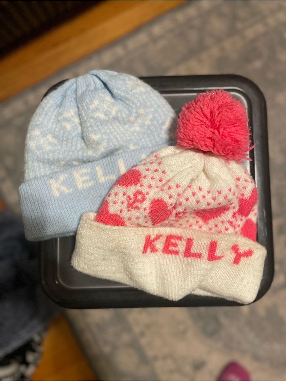 Kelly Kids Pom Beanie - Blue and White/Pink Heart Knit